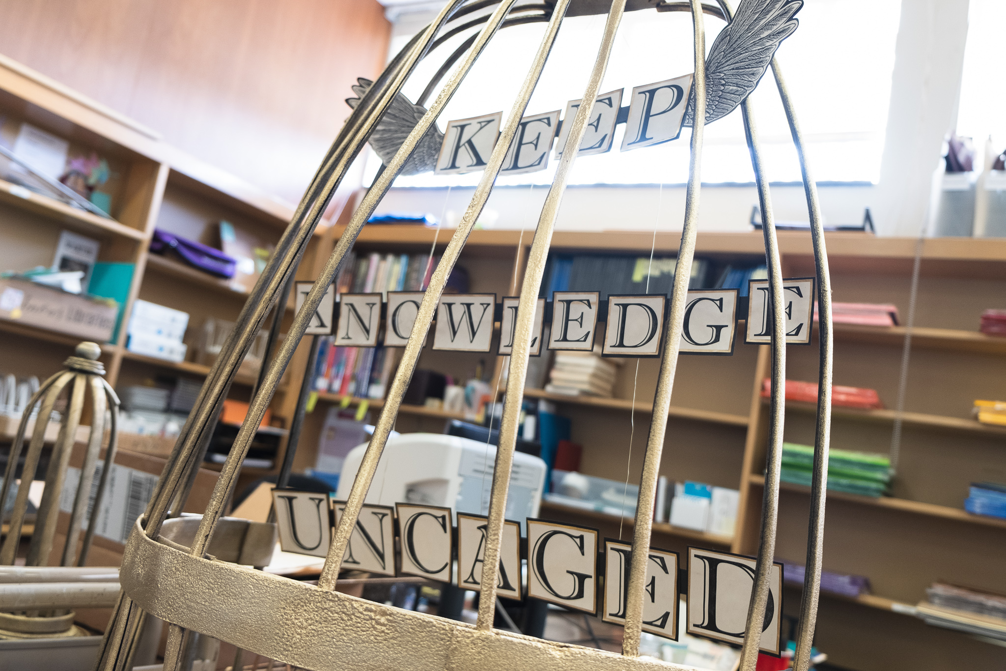"Keep Knowledge Uncaged" is displayed at Soule Library to raise awareness of banned books.