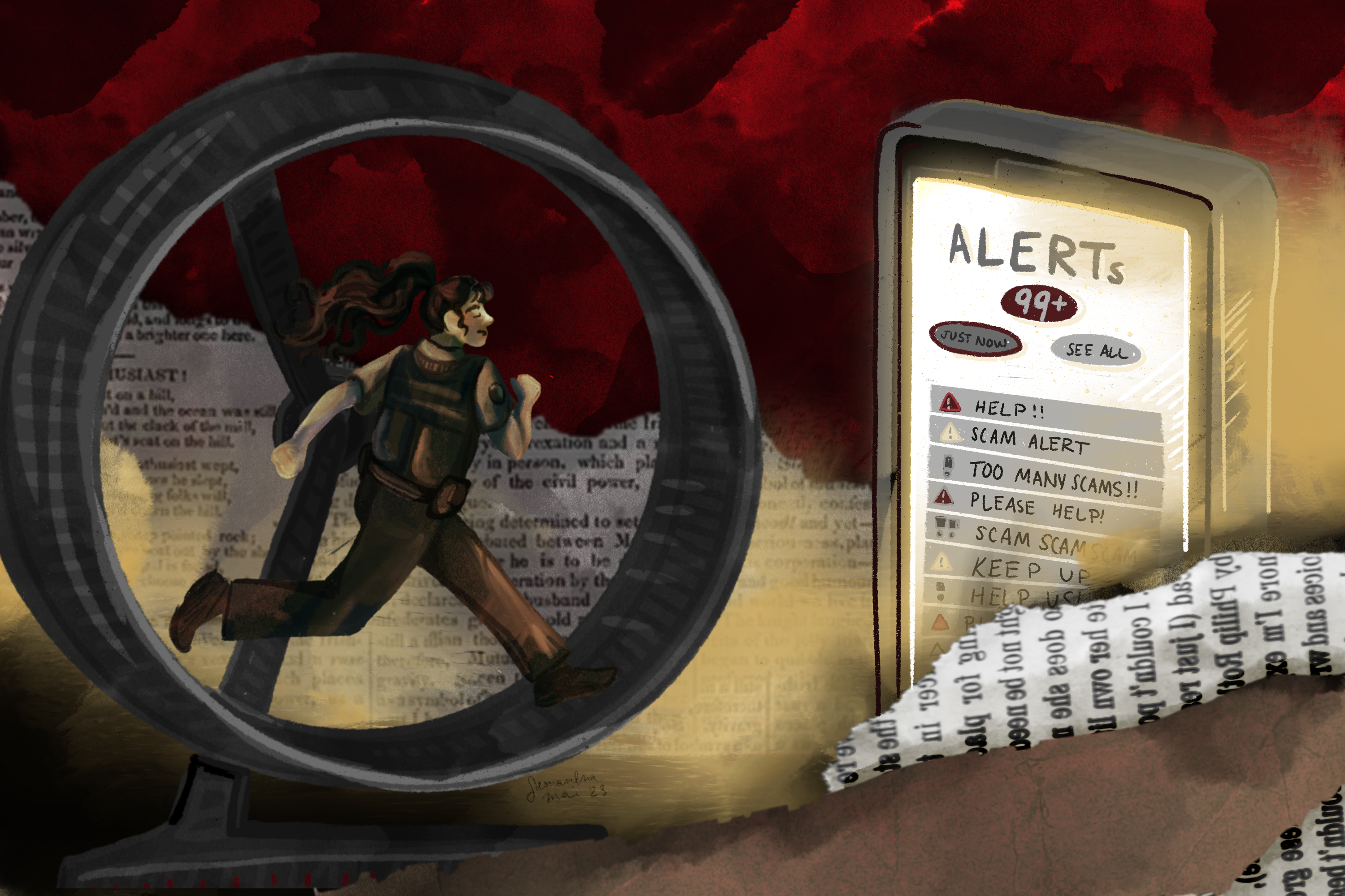 illustration police officer running on a hamster wheel catching up to scam alerts