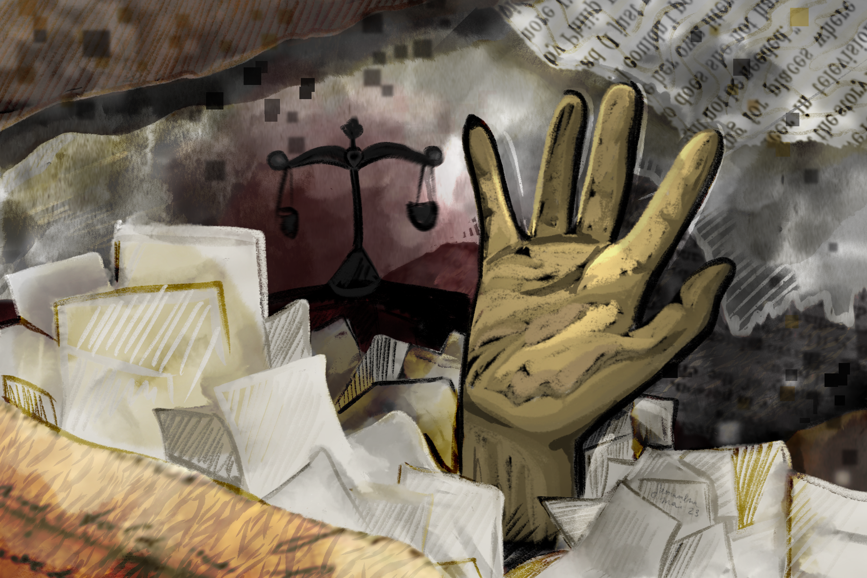illustration of a hand reaching out of a pile of law papers and a scale