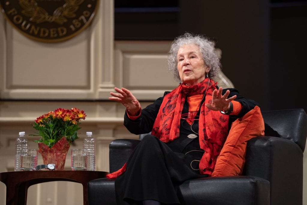 Author Margaret Atwood speaks to a Hendricks Chapel audience during her Oct. 25, 2018, University Lectures talk.