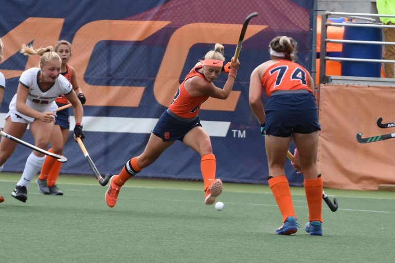 Charlotte De Vries sends the ball across the field for a Syracuse gain at the SU Soccer Stadium on Sept 13, 2019.