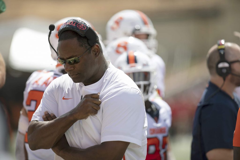 Dino Babers walks away from the offensive team during the first quarter vs. Maryland