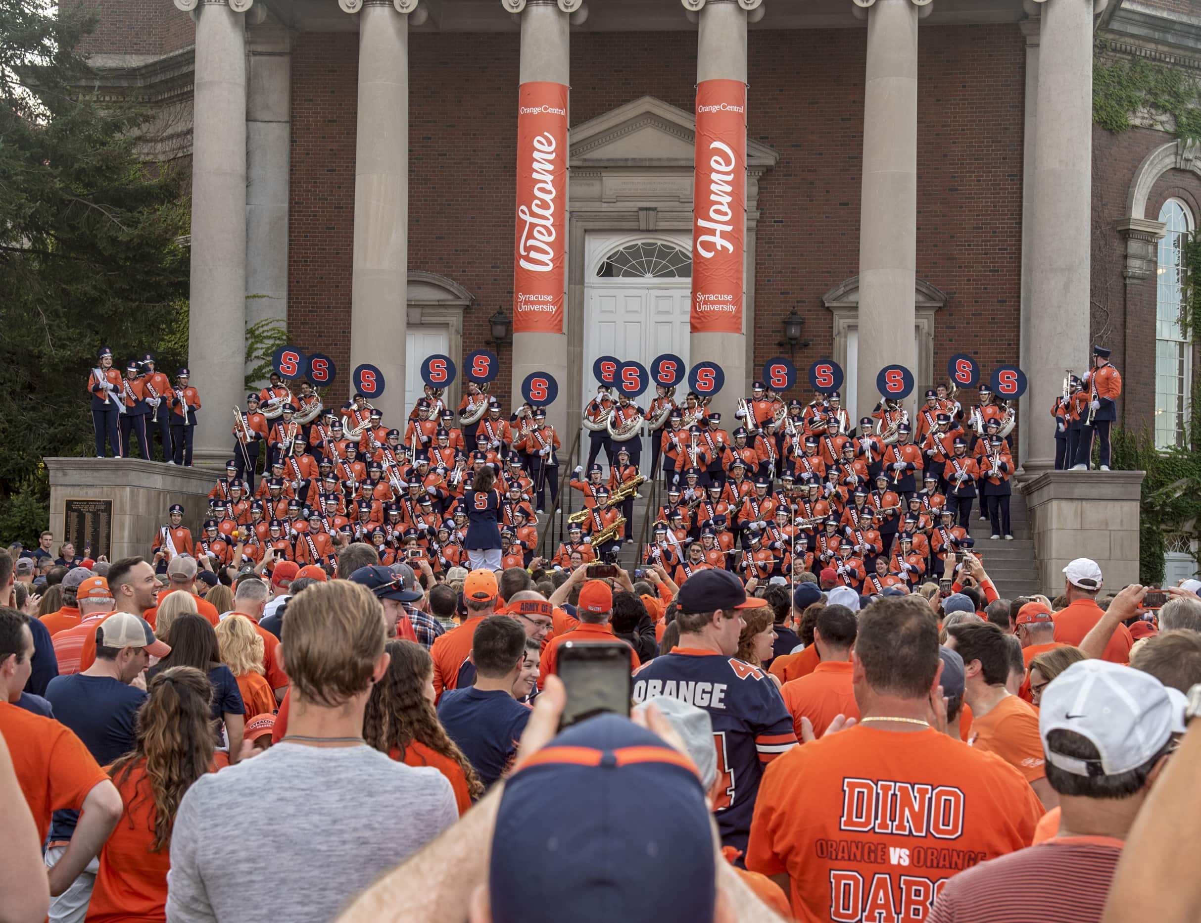 The Syracuse University Marching Band plays for fans, alumni, students and family members near the Orange Central Tailgate before the SU Oranges vs. Clemson Tigers football game. The event, hosted by the SU Alumni Association, is the first at-home tailgate of the 2019 football season.
