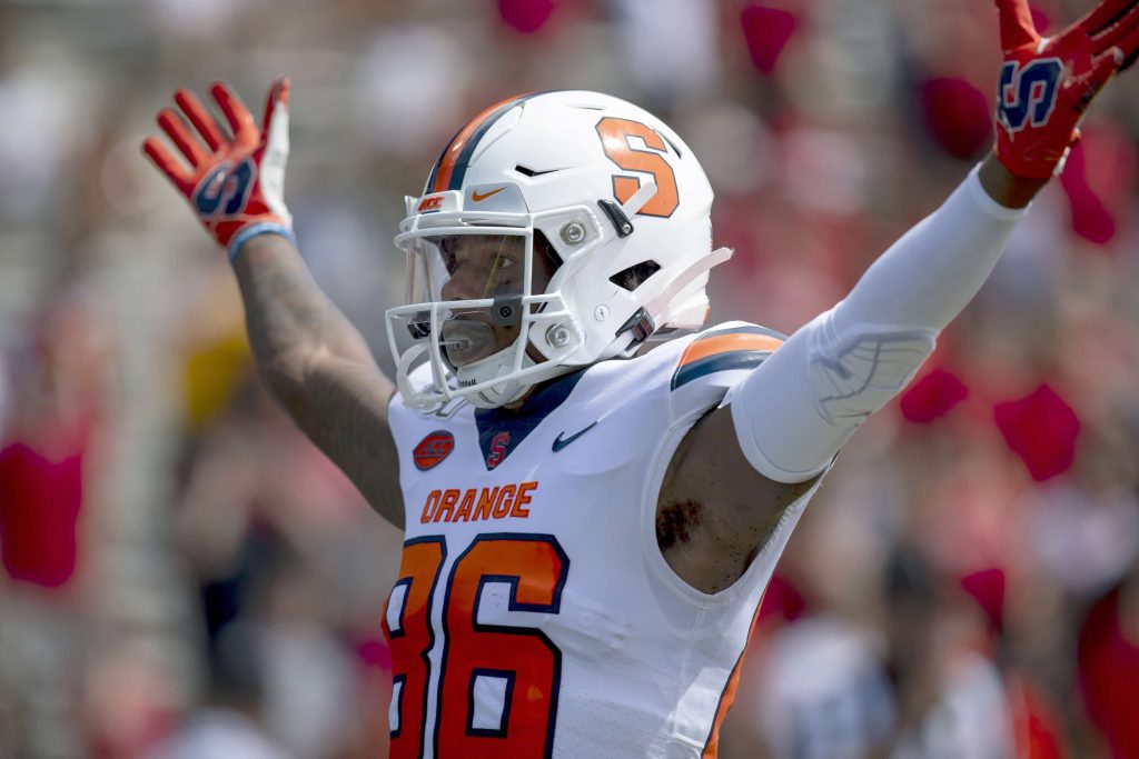 Syracuse wide receiver Trishton Jackson celebrates SU's first touchdown of the game vs. Maryland