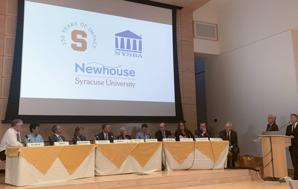 Journalists and lawyers discussed a hypothetical exploring issues involving the media, law enforcement, lawyers and the courts, with participation by an experienced panel and the audience at the New York Fair Trial Free Press Conference 2019 held at the Newhouse School.