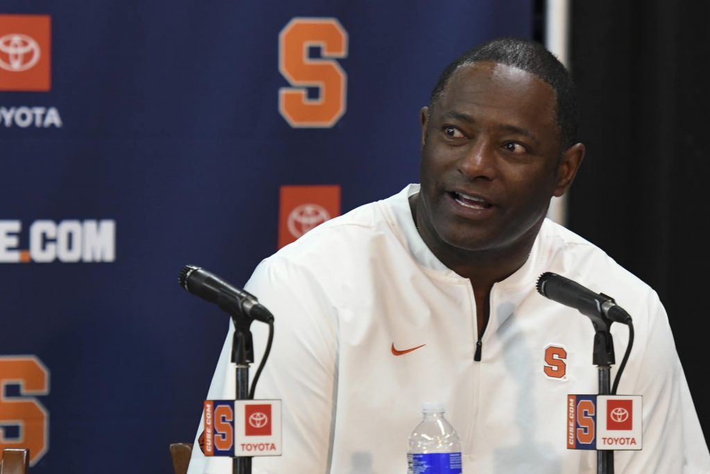Coach Dino Babers answers a question in his last press conference of the season in Syracuse, N.Y., Saturday, Nov. 30, 2019. Syracuse beat Wake Forest 39-30 in overtime.