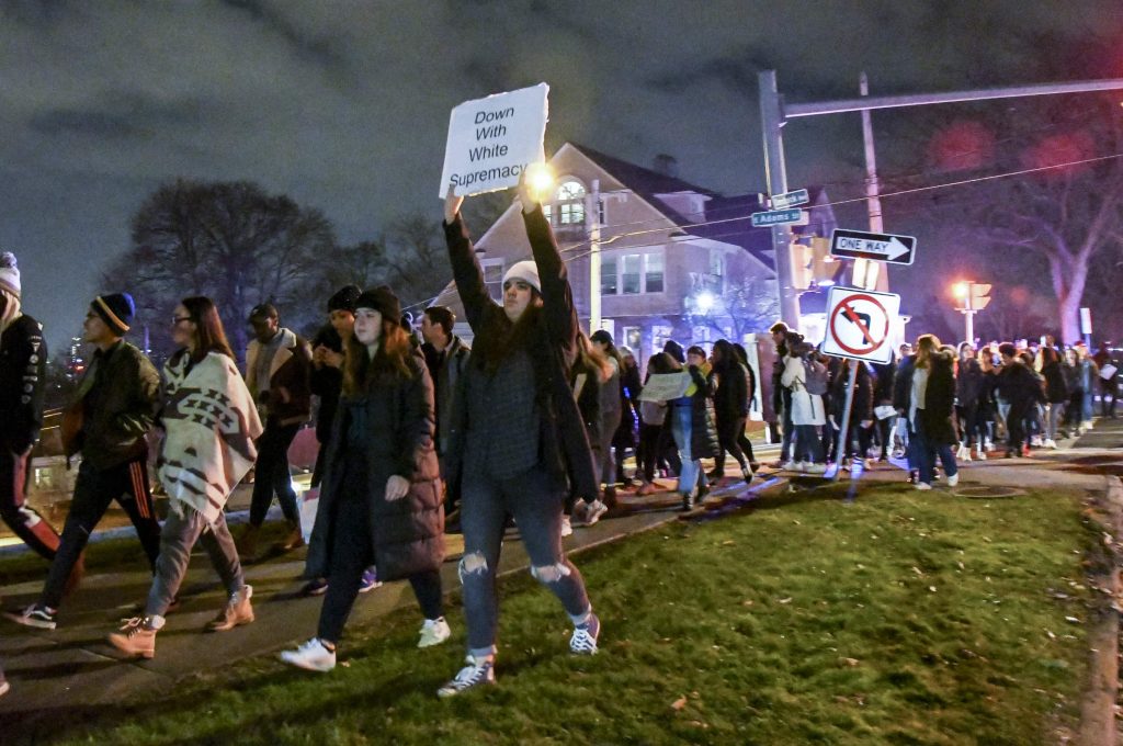 #NotAgainSU students lead a march across campus after storming out of Wednesday's Hendricks Chapel forum.