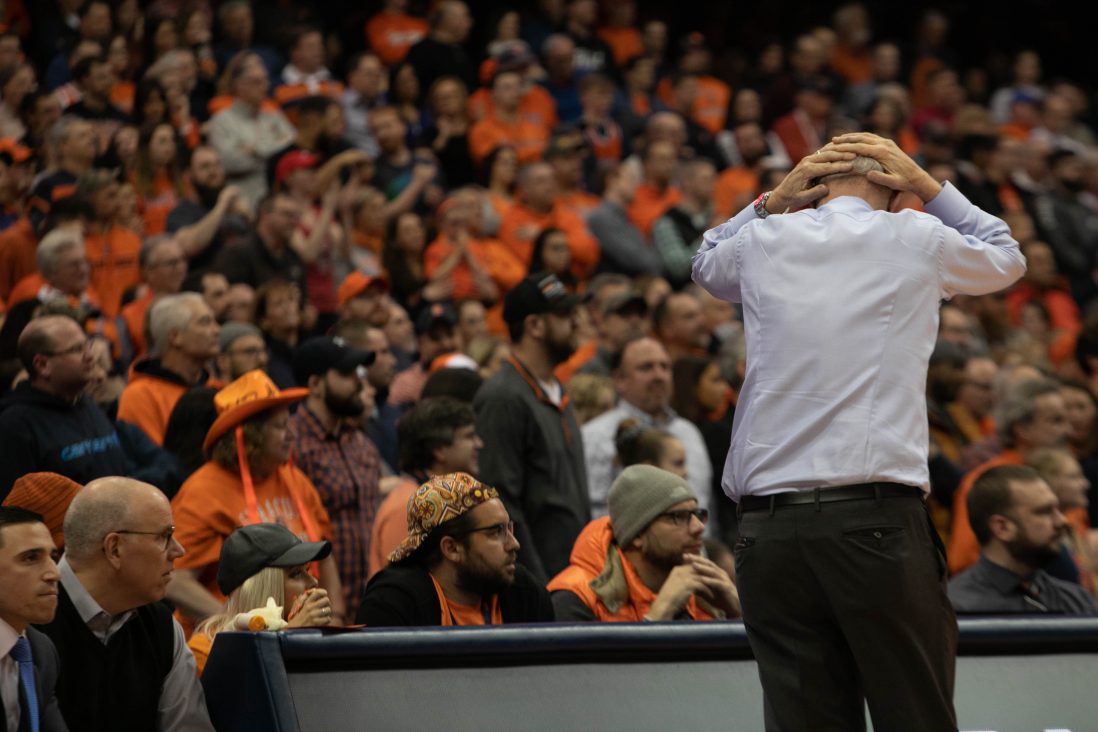 Syracuse Men's Basketball head coach Jim Boeheim shows frustration during the Feb. 11 game vs. NC State Wolfpack in the Carrier Dome.
