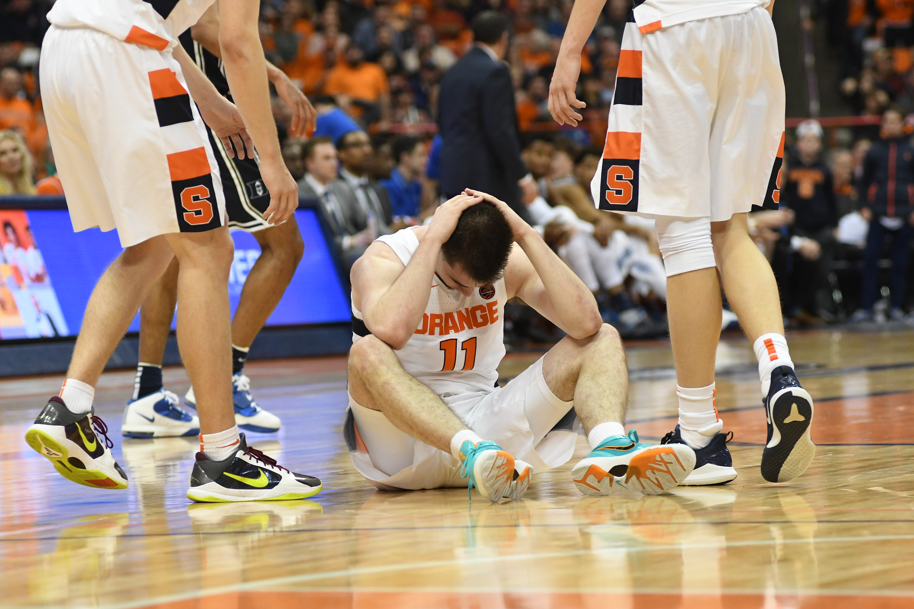 Joseph Girard III reacts during the second half of the game vs Duke at the Carrier Dome on Feb. 1, 2020.