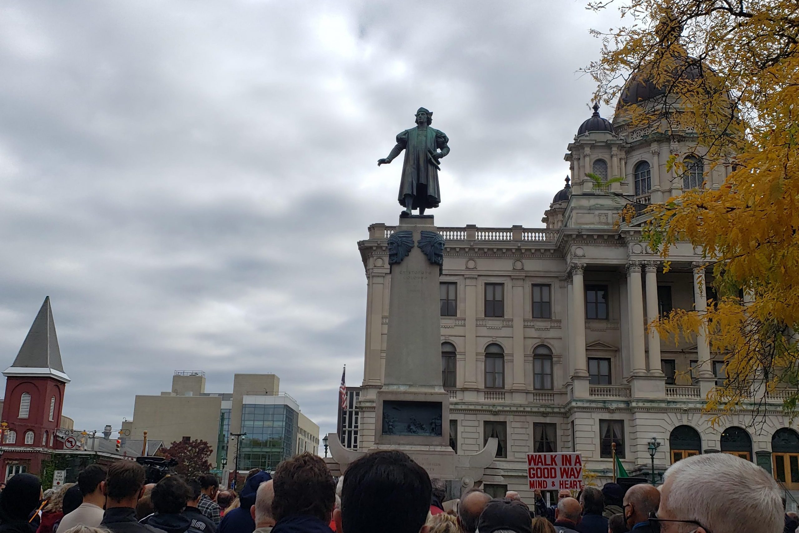 Syracuse residents gather that Columbus Circle statue downtown for Columbus Day/Indigenous Peoples Day in October 2020