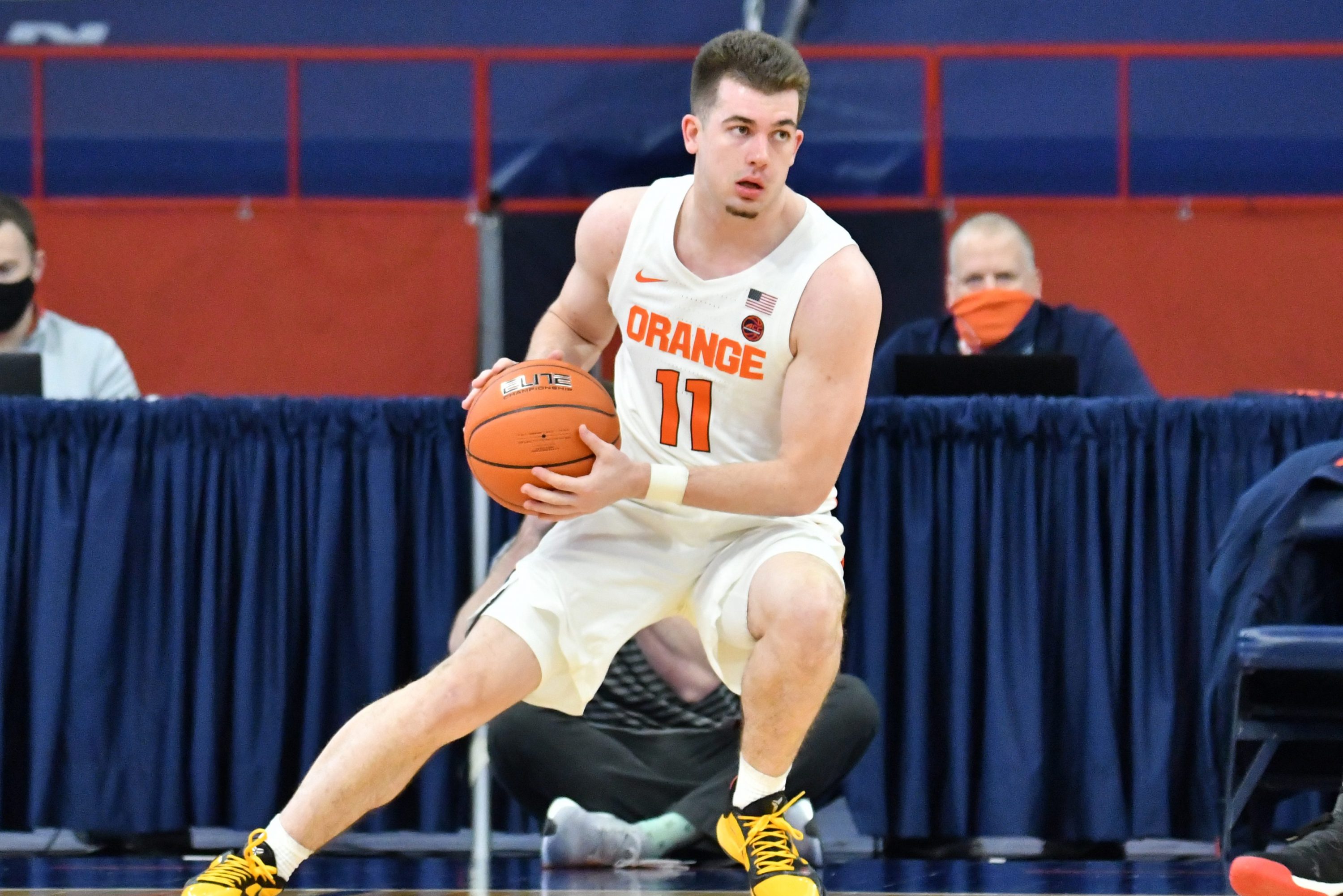 Jan 31, 2021; Syracuse, New York, USA; Syracuse Orange guard Joseph Girard III (11) handles the ball in the first half against the North Carolina State Wolfpack at the Carrier Dome. Mandatory Credit: Mark Konezny-USA TODAY Sports