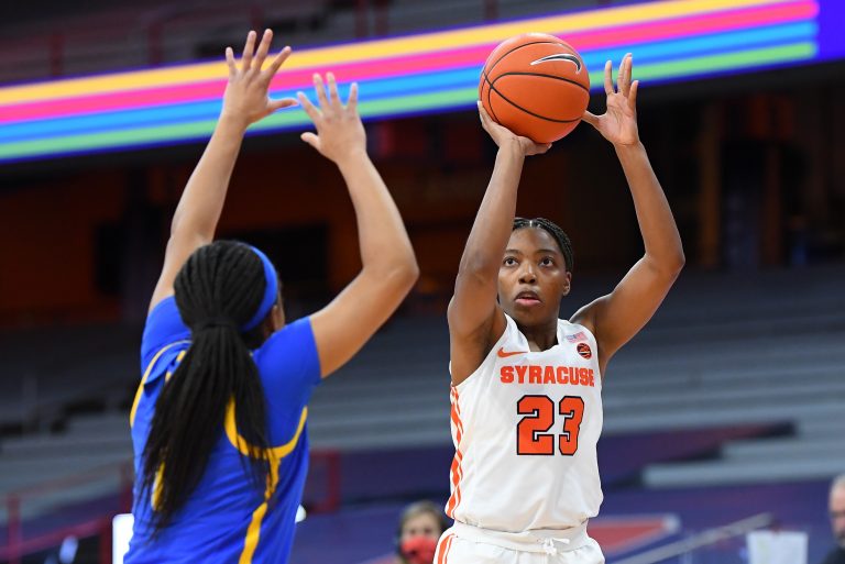 Jan 28, 2021; Syracuse, New York, USA; Syracuse Orange guard Kiara Lewis (23) shoots the ball against the defense of Pittsburgh Panthers guard Dayshanette Harris (1) during the first half at the Carrier Dome. Mandatory Credit: Rich Barnes-USA TODAY Sports