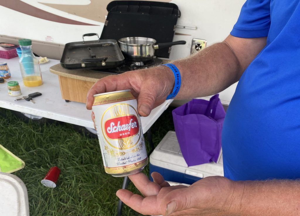 A camper’s New York State Fair beverage of choice: Schaefer beer.
