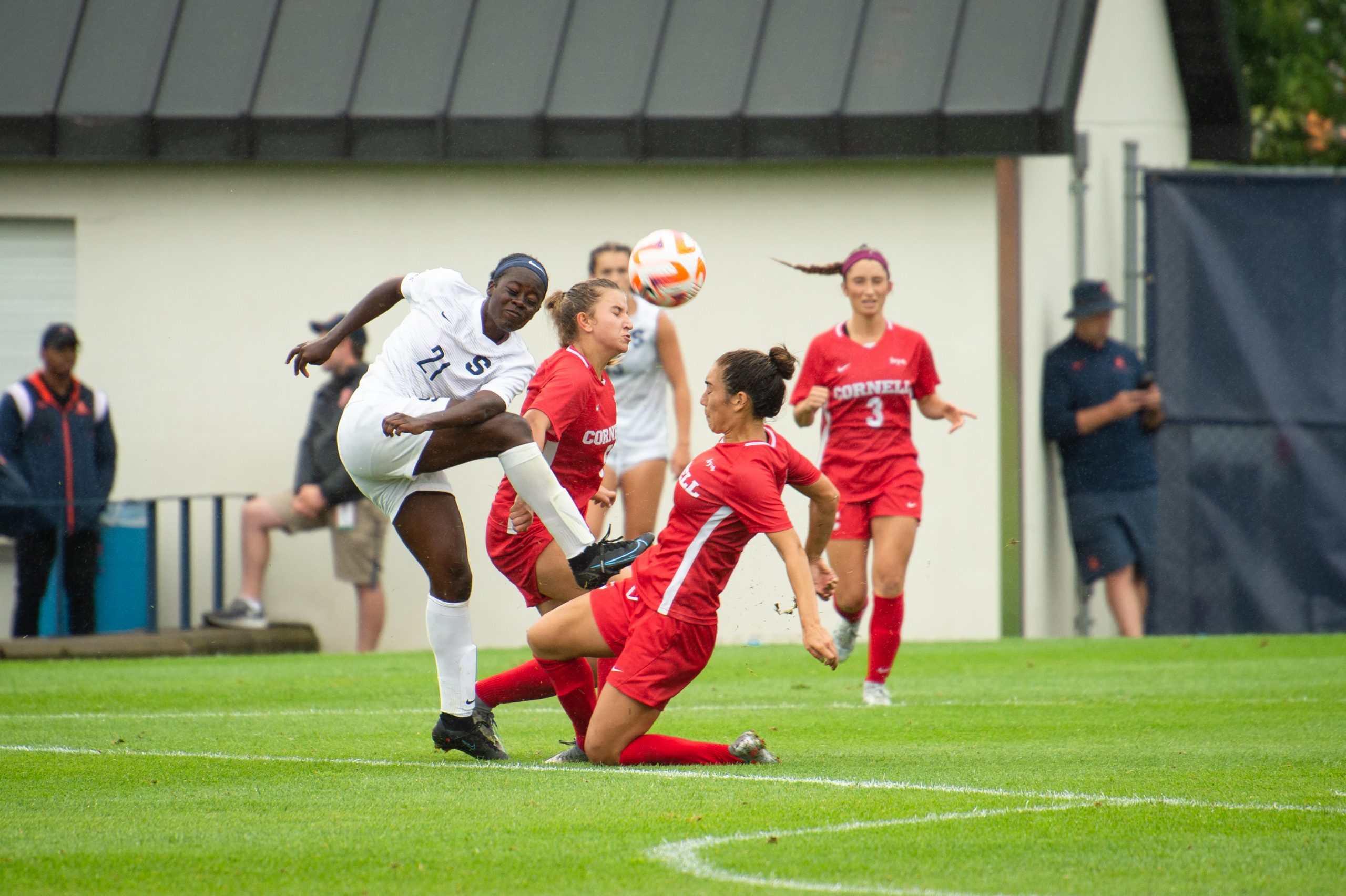 Syracuse University’s Women’s Soccer forward number 21, Chelsea Domond kicks the ball down field during a match against Cornell University September 11, 2022.
