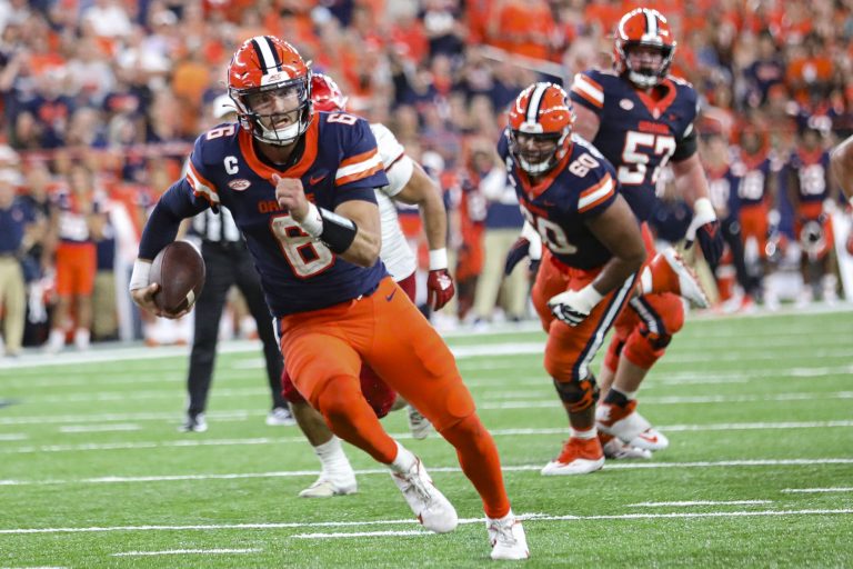 Syracuse quarterback Garrett Shrader displaying his mobility in the victory against Louisville