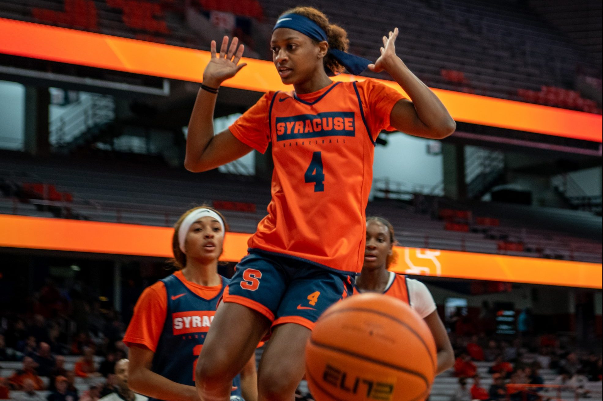 Redshirt junior, Teisha Hyman, after making a layup during the women's basketball scrimmage, at the Orange Tip Off fan event. Photo by Ryan Brady. 10/14/22