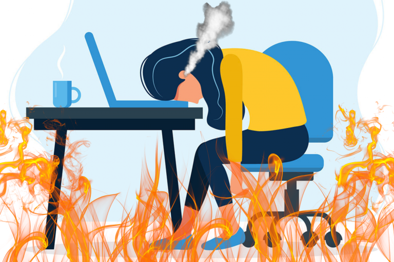 A girl lays her head on a laptop with flames at the bottom of the picture and smoke coming out of her head.