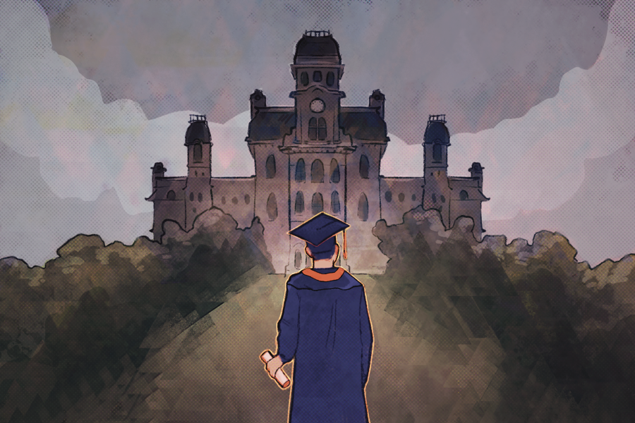 Illustration of a student in their cap and gown walking towards the Hall of Languages.