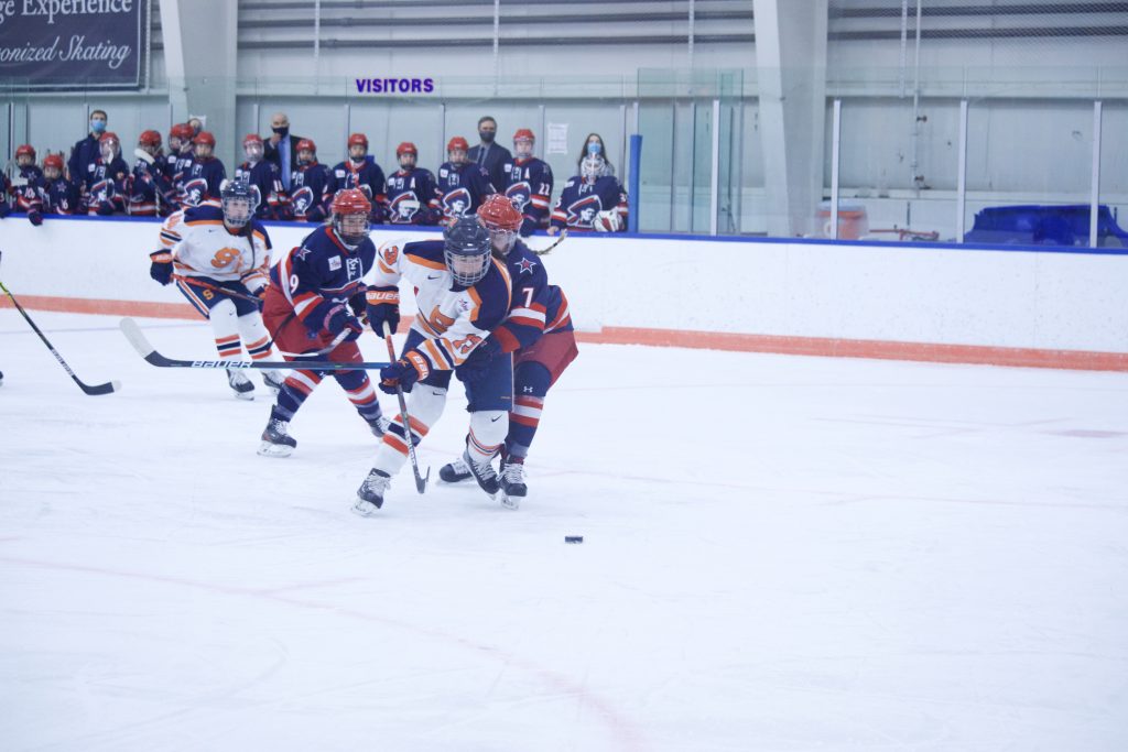 Marielle McHale of Syracuse Women's Ice Hockey celebrates vs. Robert Morris
