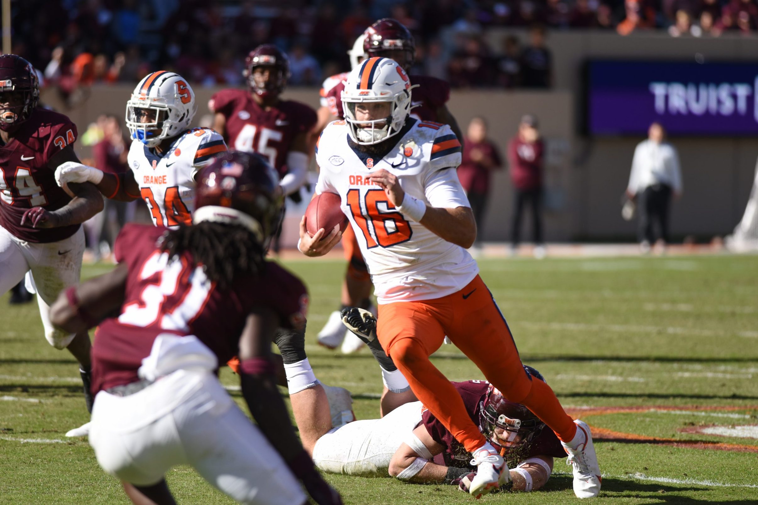 Syracuse quarterback Garrett Shrader makes a run vs. Virginia Tech Hokies on Oct. 23, 2022 at Lane Stadium in Blacksburg, Va.