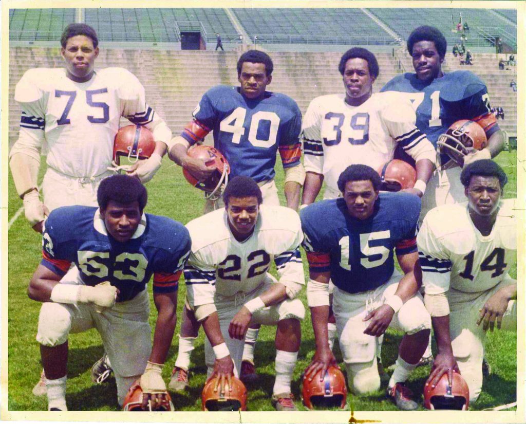 The Syracuse 8 (pictured here) boycotted the football team during the spring of 1970 after changes to the program went unaddressed. In 2006, they returned to Syracuse and were honored with the Chancellor's Medal.