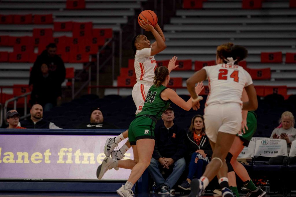 Dyaisha Fair, 2, of Syracuse Womens Basketball goes up to shoot a basket against Binghamton during their Monday night win.