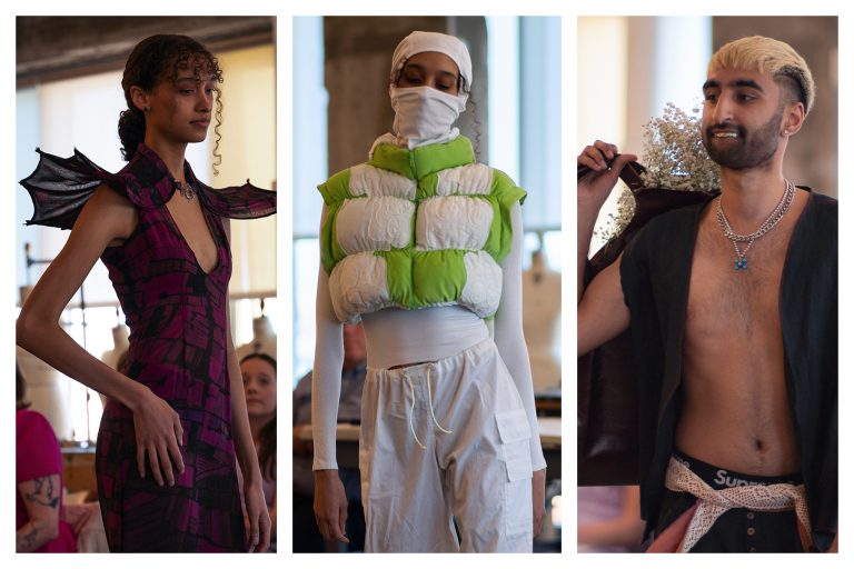 A photo collage of three models from the FADS organization's "Night Circus" fashion show on April 22nd, 2022.