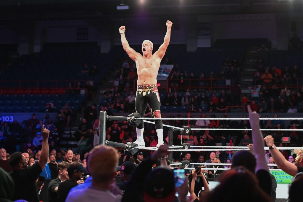 WWE Wrestler Cody Rhodes cheers on the crowd at WWE Syracuse inside The Oncenter War Memorial Arena on April 17, 2022. (Photo by Emma Vallelunga)