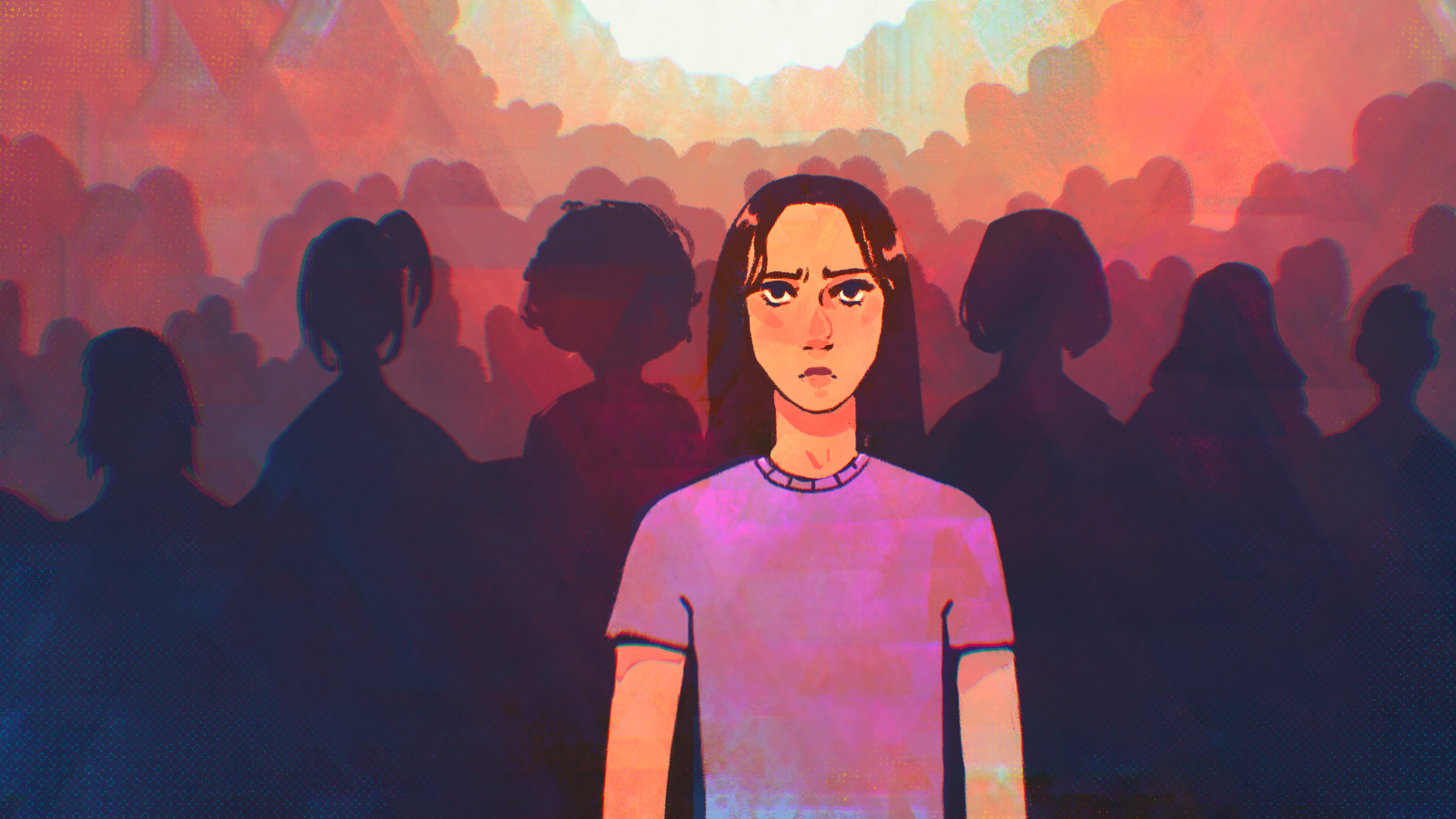 Illustration of a girl in a pink shirt standing alone and looking scared