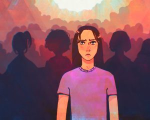 Illustration of woman in purple shirt in a crowd