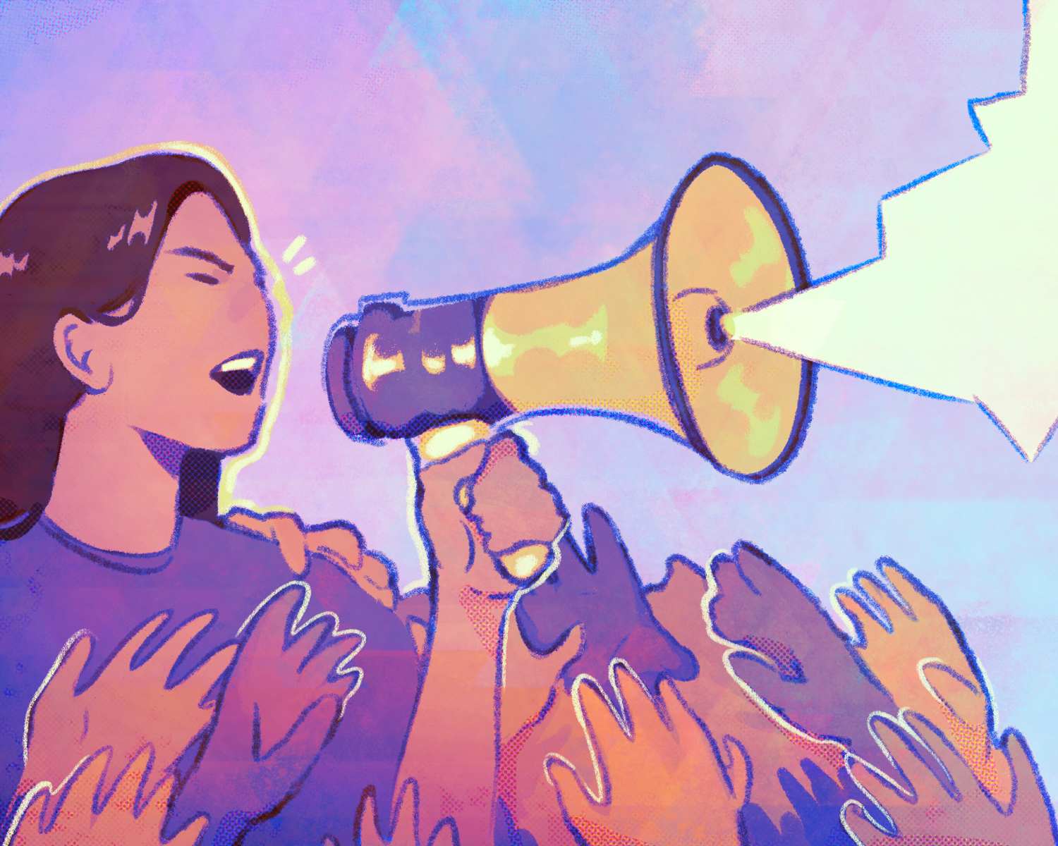 Illustration of a woman yelling into a bullhorn during a protest
