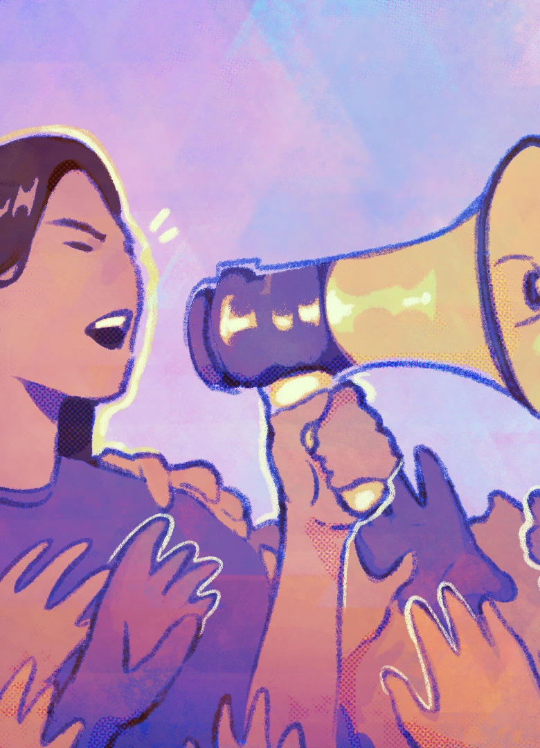 Illustration of a woman yelling into a bullhorn during a protest