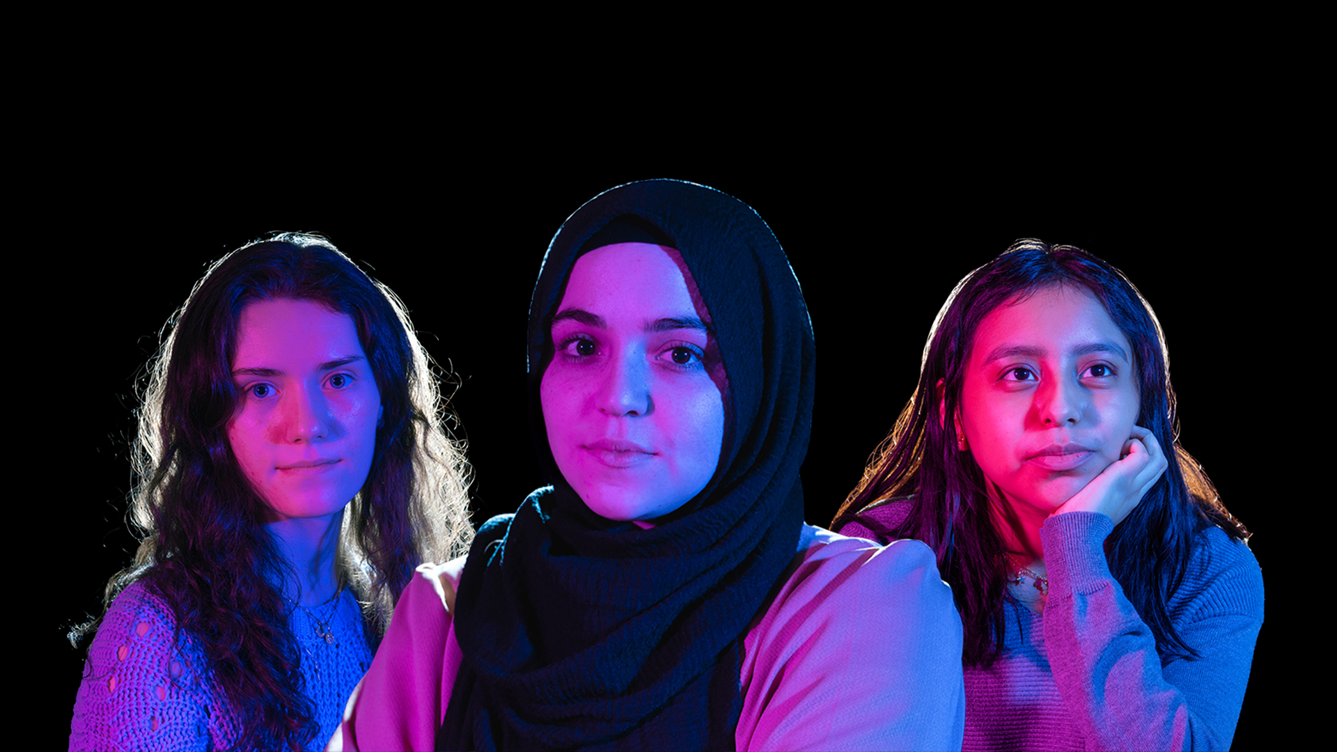 three female students pose for portraits in a composite images