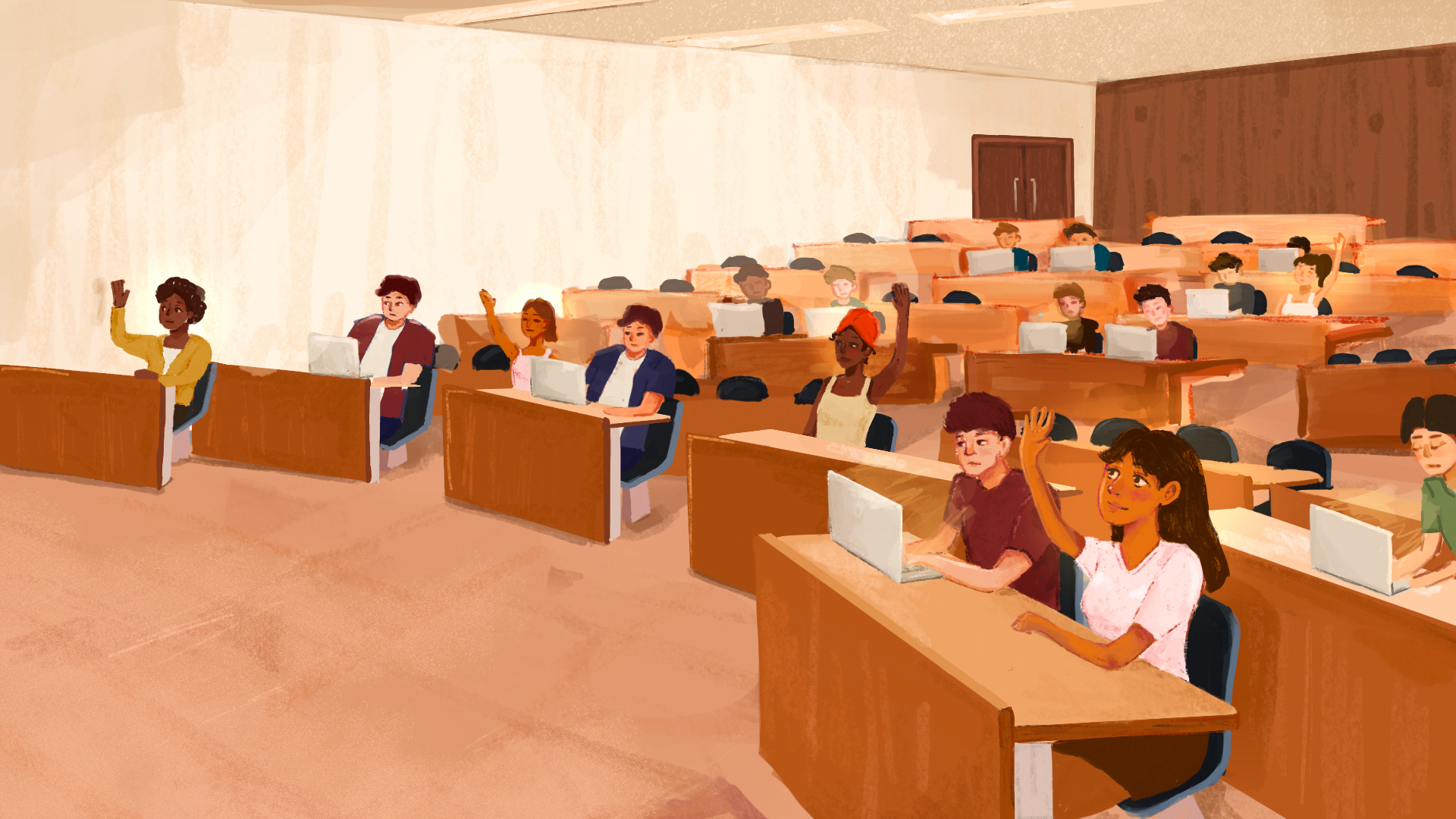 Illustration of college students sitting in a lecture hall with women students raising their hands