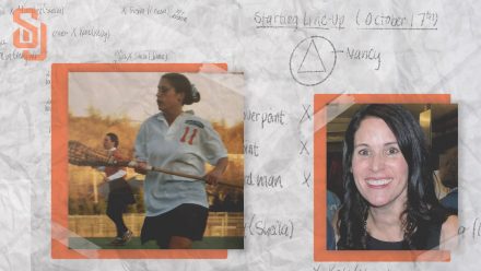 Photos of Kristin Alyward in a collage with handwriting in the background.