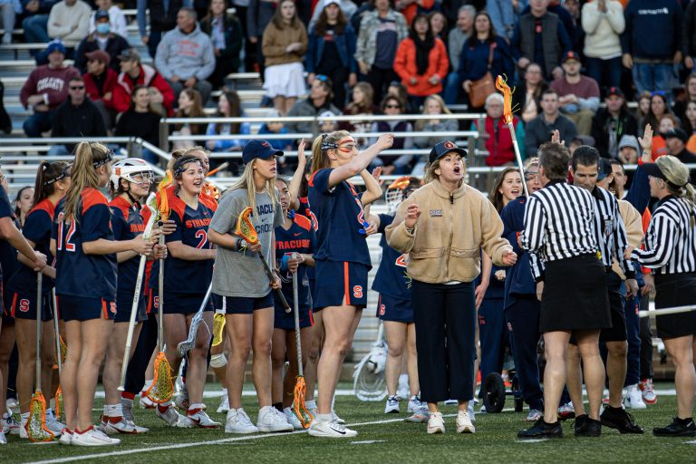 April 22, 2022, Boston, MA: Syracuse Head Coach Kayla Treanor pleads her case to the officials at halftime in a game at Alumni Stadium in Chestnut Hill, Massachusetts on Friday, April 22, 2022. (Photo by Griffin Quinn)