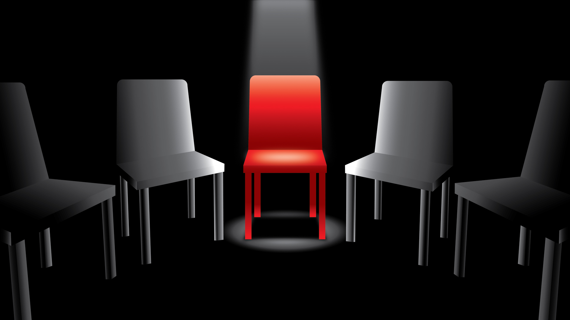 Illustration of chairs in a circle with a light beaming down on a red on in the center of the image