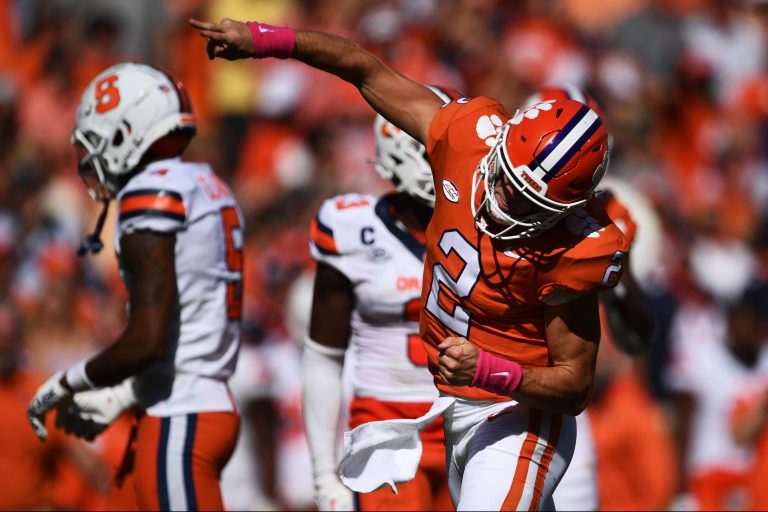 Cade Klubnik #2 of the Clemson Tigers celebrates after a first down in the third quarter against the Syracuse Orange at Memorial Stadium on October 22, 2022 in Clemson, South Carolina. (Photo by Eakin Howard/Getty Images)