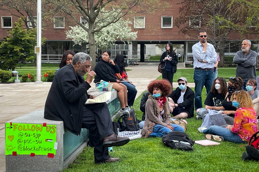 African American Studies and Political Science Professor Horace Campbell leads a lecture on the second day of the SU Gaza Solidarity Encampment.