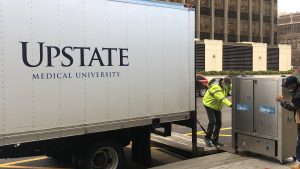 Syracuse Crunch delivered two Sani Sport machines to Upstate Hospitals to help clean face shields.