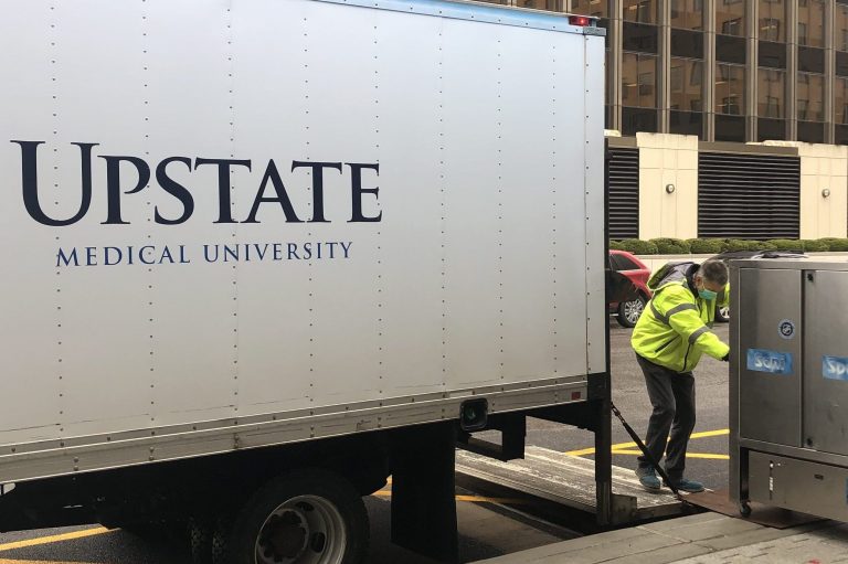 Syracuse Crunch delivered two Sani Sport machines to Upstate Hospitals to help clean face shields.