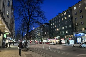Stockholm's open street design shows wide sidewalks and open bike paths