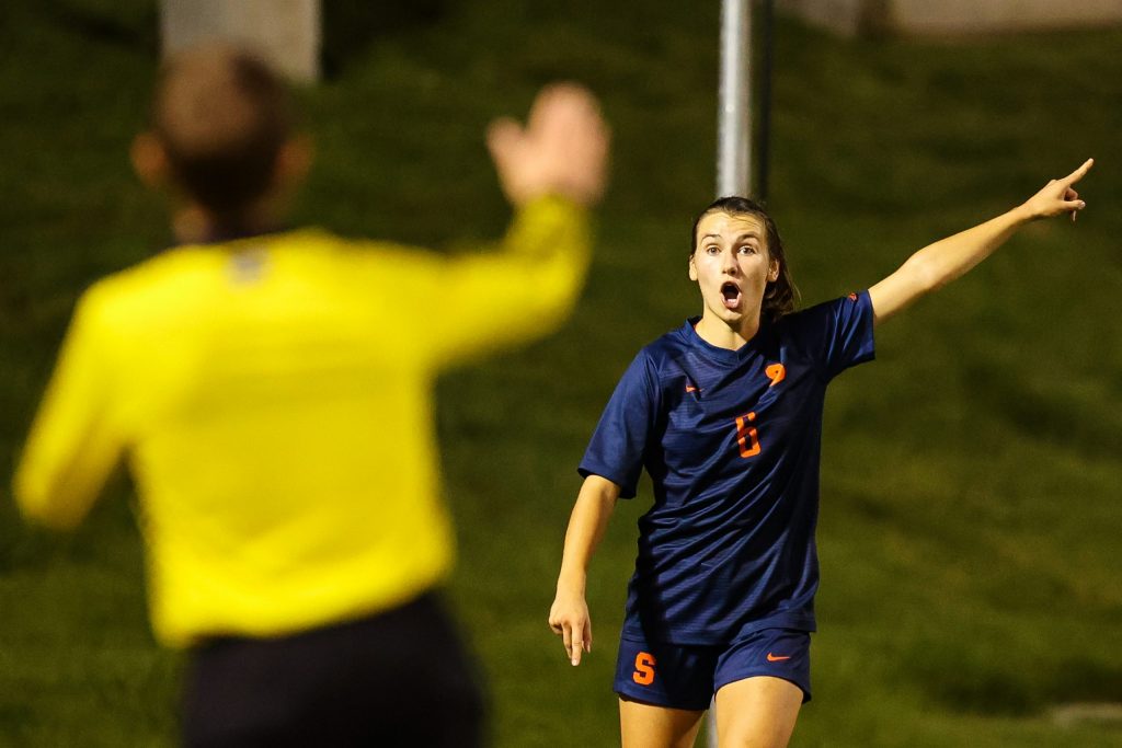 Syracuse's Pauline Machtens argues with a referee during the second half of the Women's Soccer game against Cornell University at SU Soccer Stadium on September 9, 2021. The disagreement led to a corner kick for Syracuse.