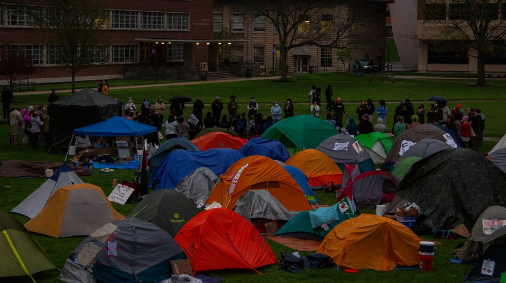 The Gaza Solidarity Encampment at Syracuse University on Tuesday night.