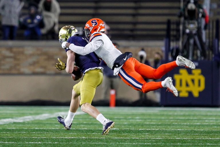 Syracuse safety flys to make a tackle in the second half of the No. 2 Notre Dame-Syracuse matchup inside Notre Dame Stadium.