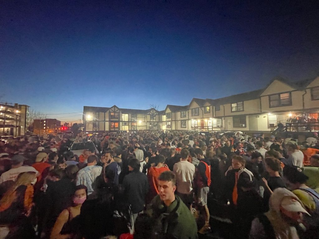 Students gather at Castle Court after SU men's basketball wins against WVU, putting them in the Sweet Sixteen on March 21, 2021