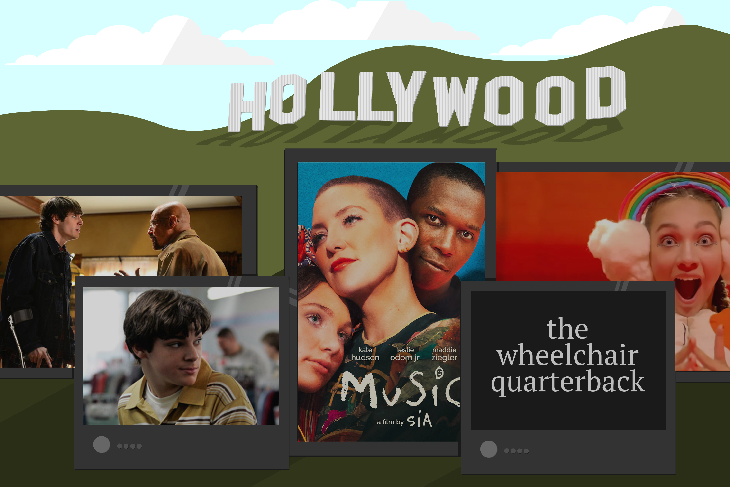 Movie and TV scenes and posters are illustrated in front of an illustration of the Hollywood sign.