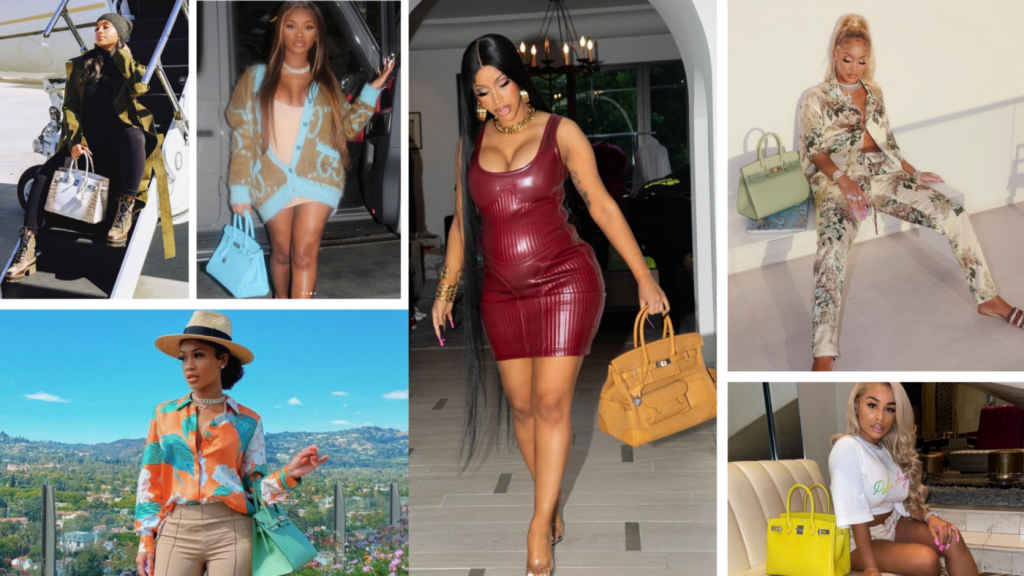 Black women celebrities tote Hermès bags in their social media photos from Lori Harvey (@loriharvey), Jt from the Rap Duo City Girls (@citygirls), Saweetie (@saweetie), Dream Doll (@dreamdoll).