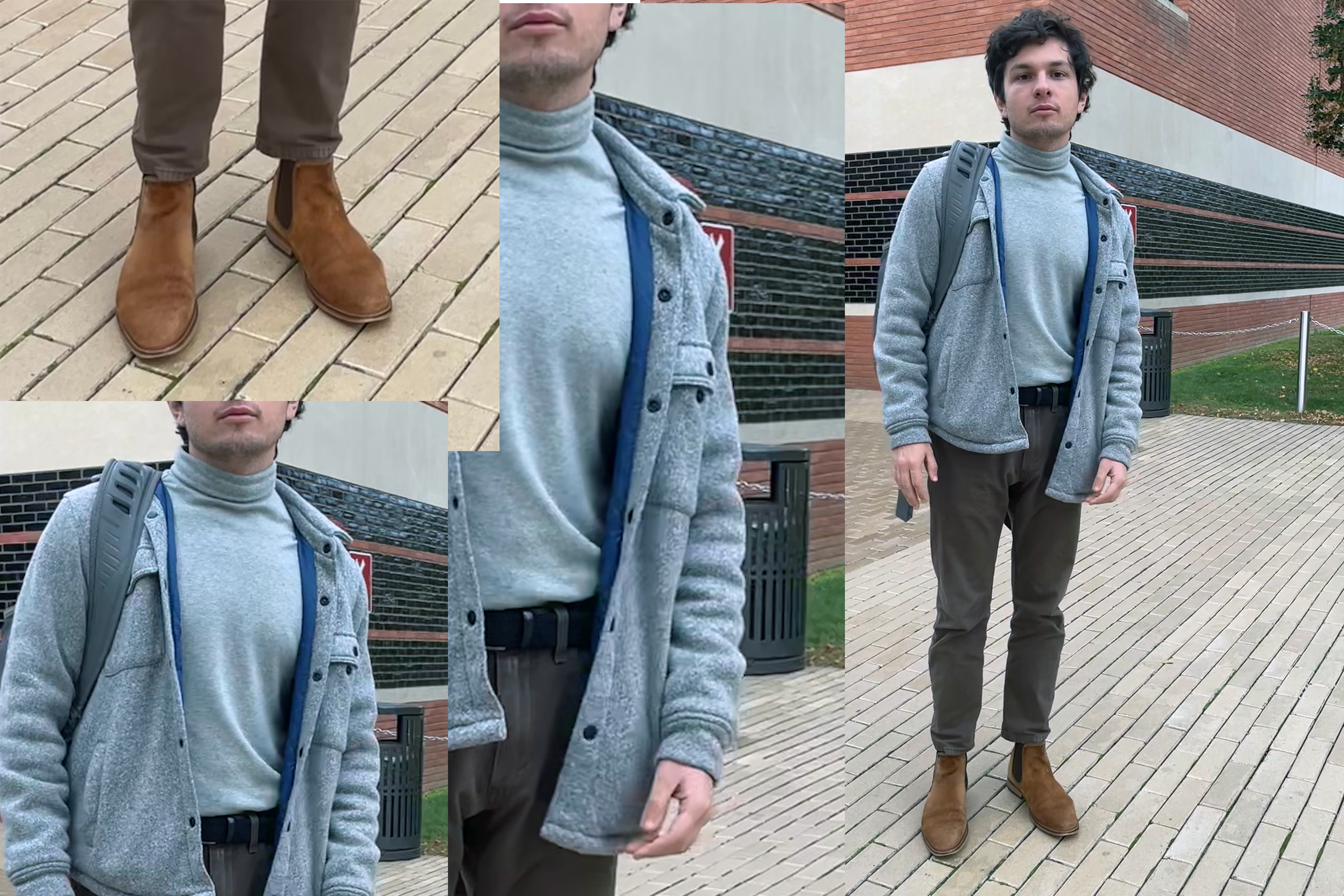Syracuse student in a pea coat and suede chelsea boots