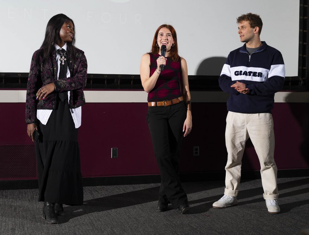 FADS E-board members Leah Jones (President, left), Bella Young (Vice President, middle), and Aidan Turner (right) say a few words to start the show.